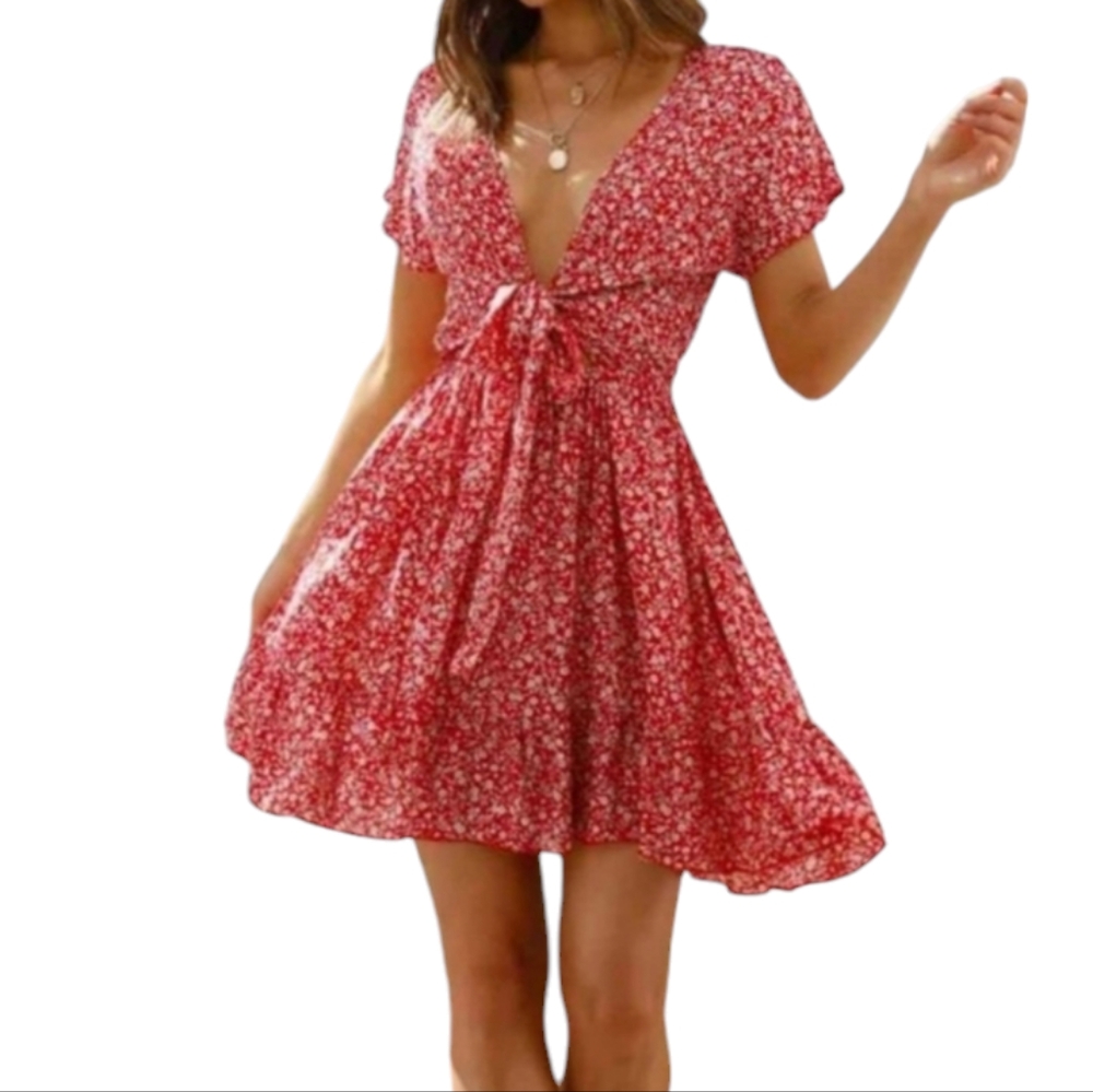 Red Floral front tie dress size 4